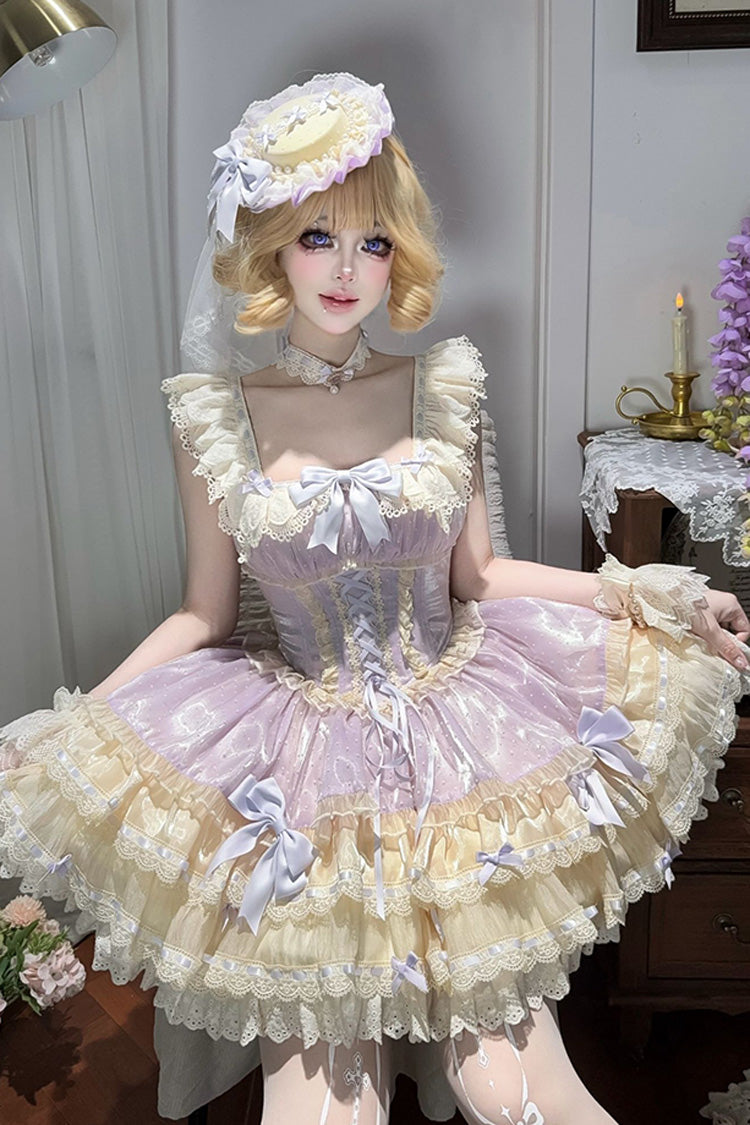 Purple Flory Butterfly Double-Layered Ruffle Bowknot Lace Lace-Up Sweet Ballet Lolita Jsk Dress
