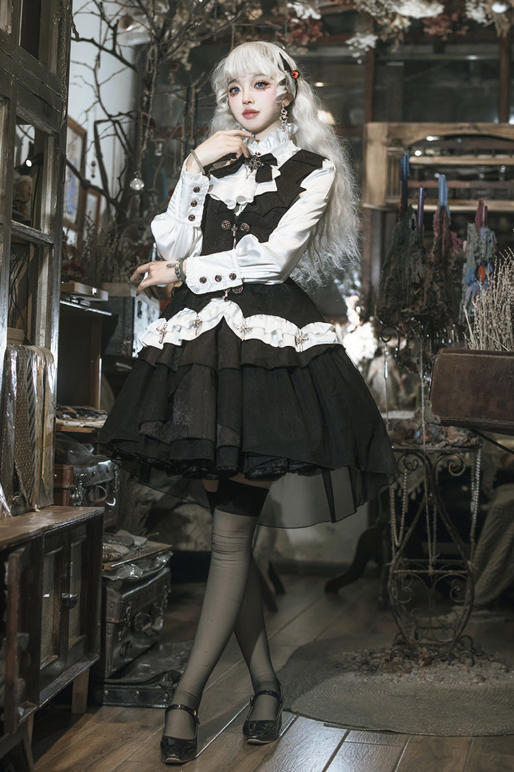 Black/White The Duke of Blood Multi-Layered Ruffle Bowknot Gothic Lolita Vest Skirt Set