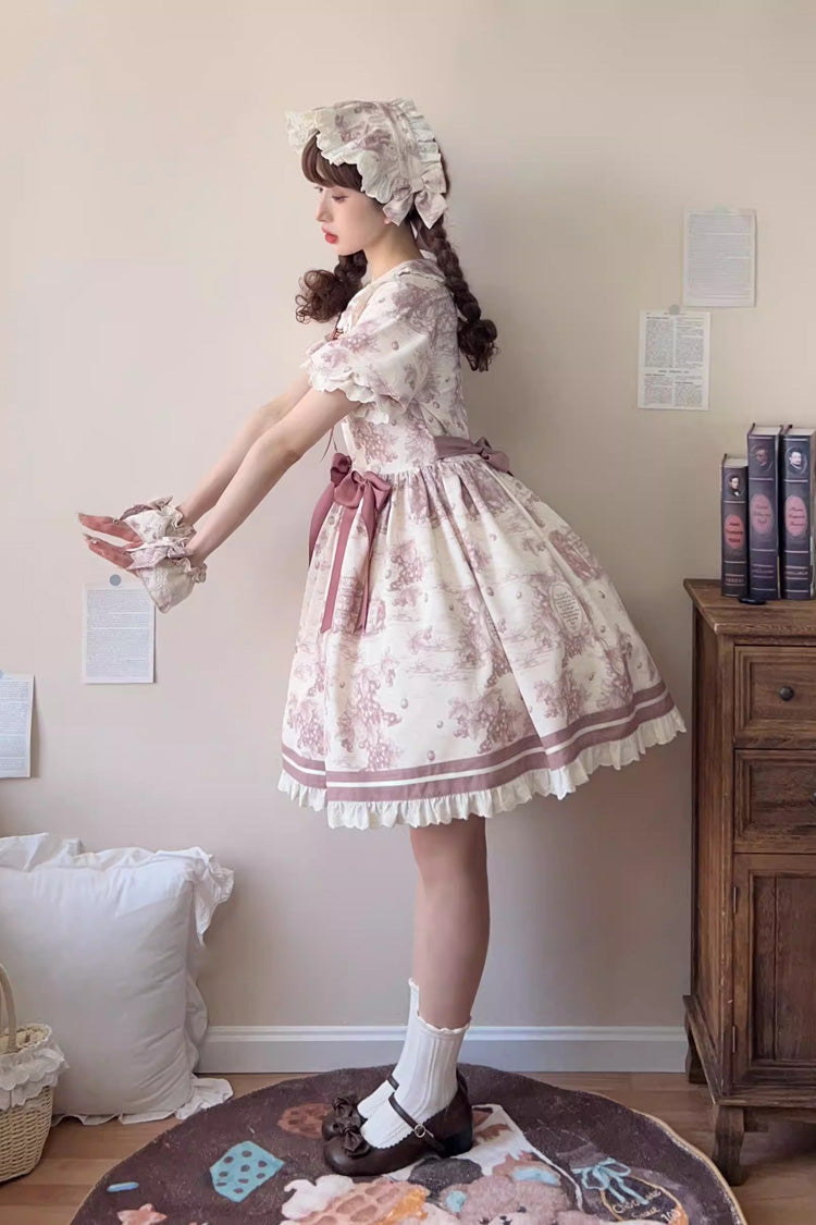 Smoky Purple Grape Moon Almanac Short Sleeves Multi-Layered Printed Ruffled Bow Sweet Lolita Dress