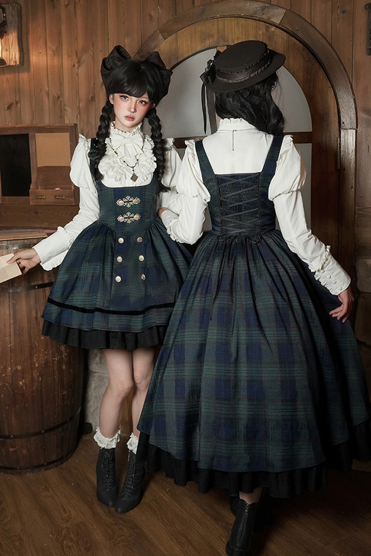 Blue/Green Berlin's letter Double-Layered Plaid Print Ruffle Bowknot Classic College Style Lolita Strap Dress Set 2 Versions
