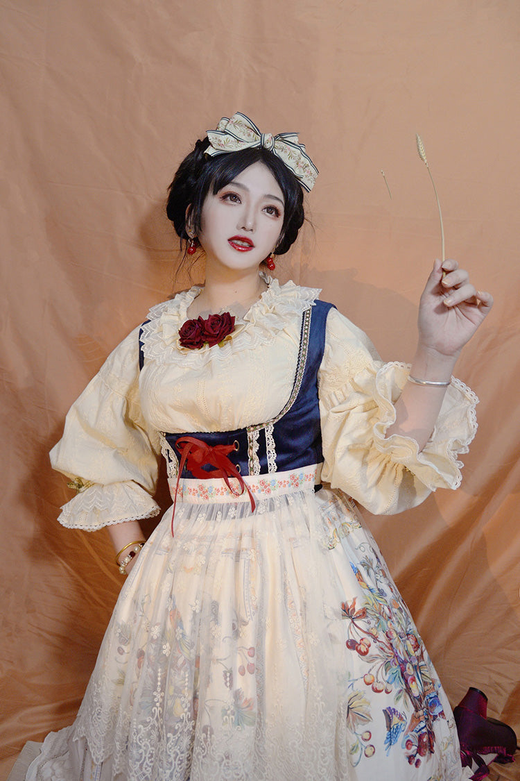 Ivory Ode to Plenty Berries and Birds Print Ruffle Bowknot Velvet Classic Lolita Breast Support Jsk Dress