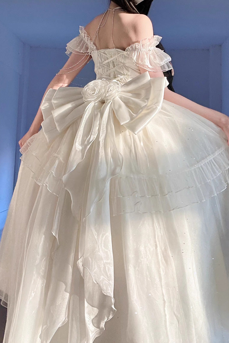 Apricot Bright Stars Off Shoulder Ruffle Bowknot Asymmetric Sweet Elegant Princess Lolita Dress