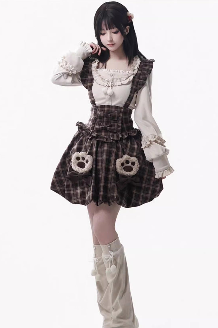 Brown Fluffy Little Bear Sleeveless Printed Ruffled Bow Sweet Lolita Strap Dress