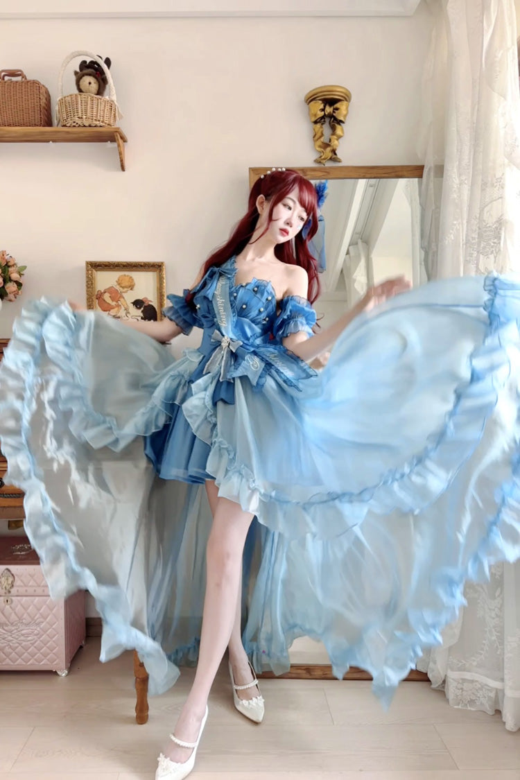 Blue Mermaid Princess Ruffle Hanayome Bowknot Sweet Elegant Lolita Jsk Dress Set