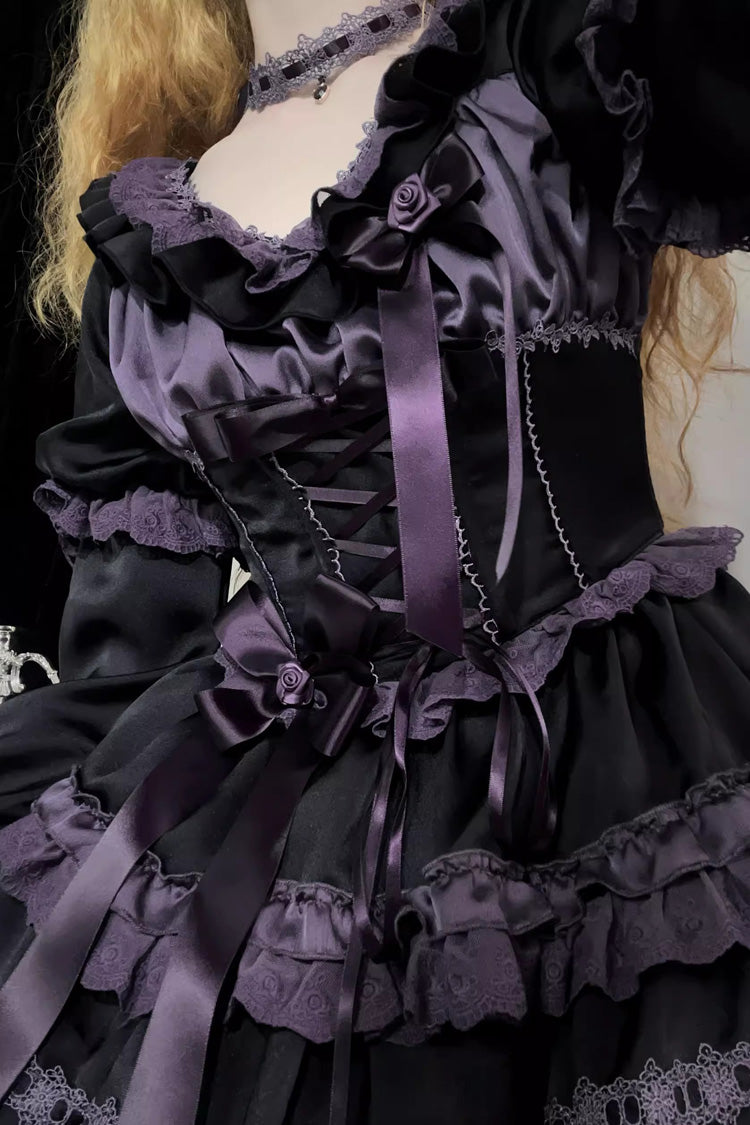 Black/Purple Layered Blackcurrant Short Sleeves Ruffle Bowknot Lace Sweet Lolita Dress