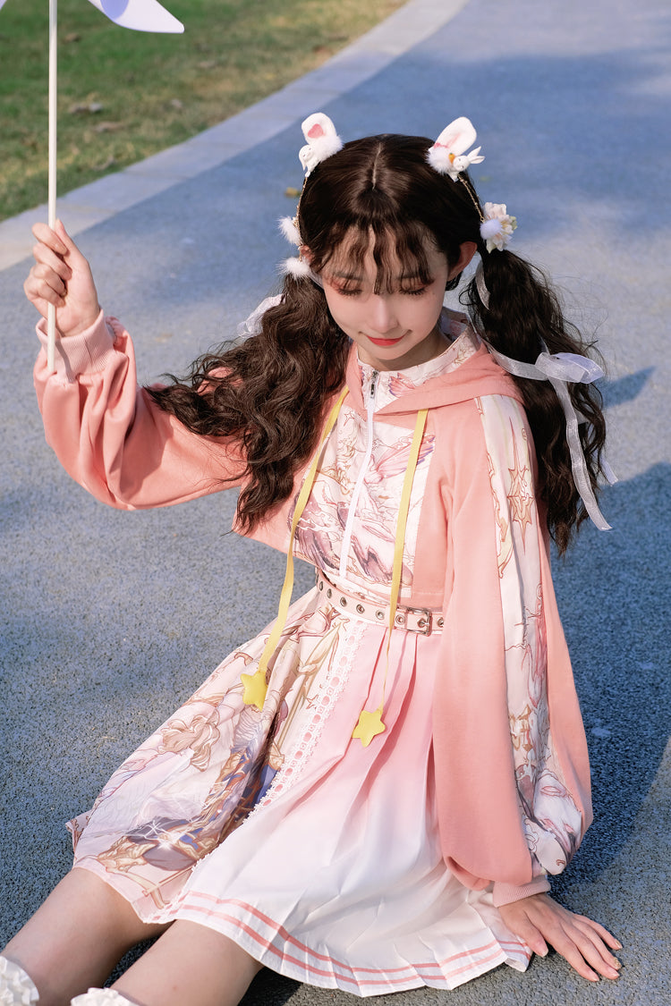 Pink Beginning Of Sun And Moon Series Printing Sweet Lolita JSK Dress And Hoodie Set