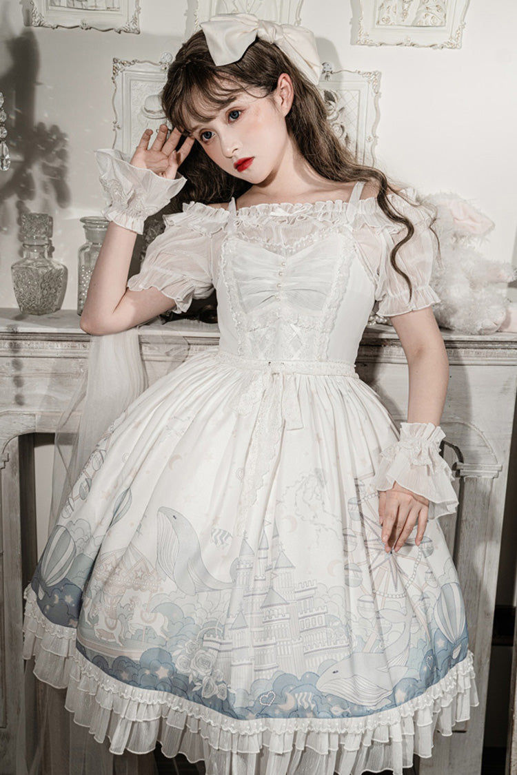 White Ruffle Short Sleeves Whale Paradise Print Sweet Lolita Dress Set