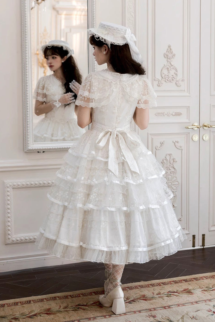 White Morning Dew Lily Short Sleeves Multi-Layered Ruffle Embroidery Sweet Elegant Lolita Dress