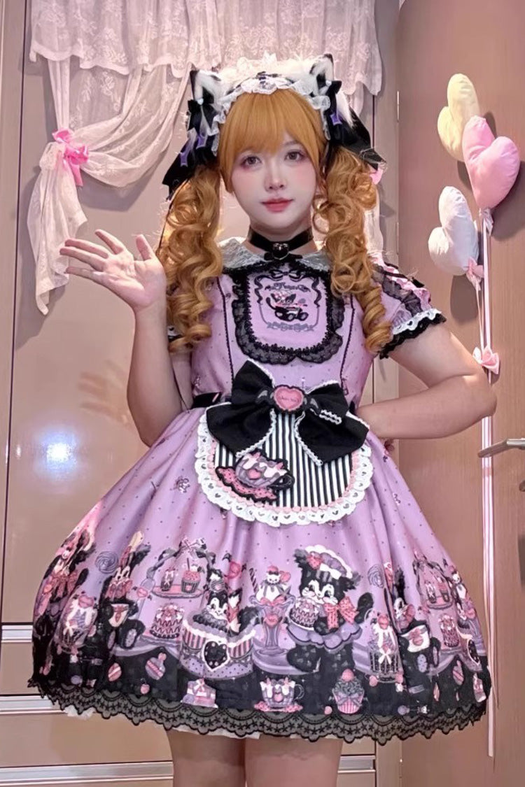 Purple Devil Cat Print Short Sleeves Ruffle Bowknot Lace Gothic Lolita OP Dress (Plus Size Support)