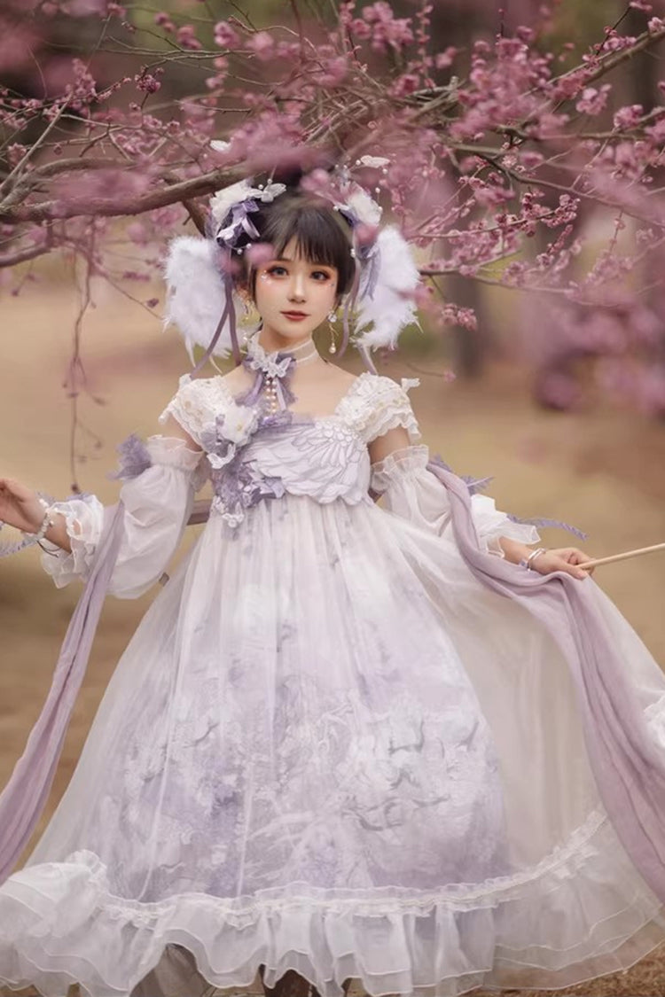 White/Purple Square Collar High Waisted Printed Ruffled Lace Pearl-Decorated Sweet Chinese Style Lolita Jsk Dress
