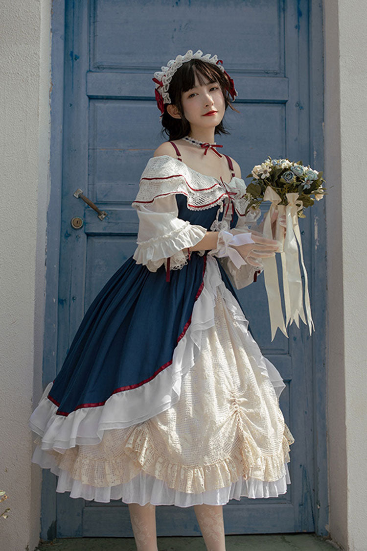 Blue/White Long Sleeves Cardigan Bowknot Sweet Lolita Dress