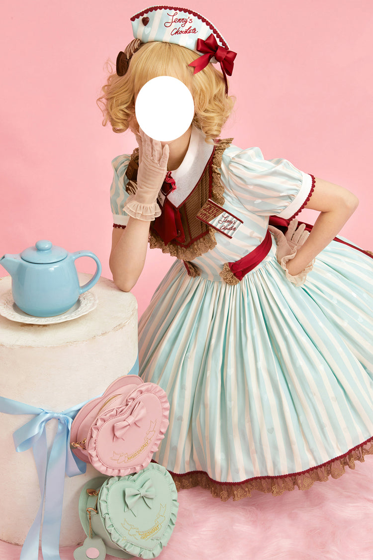 Green Jenny's Chocolate Short Sleeves Vertical Stripes Print Ruffle Bowknot Sweet Lolita Dress