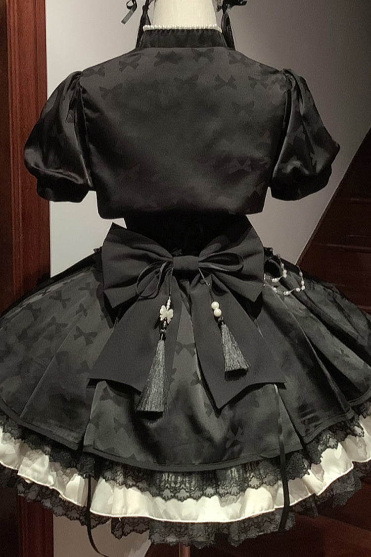 Chinese Style Short Sleeves Print Ruffle Hollow Bowknot Lace Asymmetric Sweet Vintage Lolita Dress 4 Colors