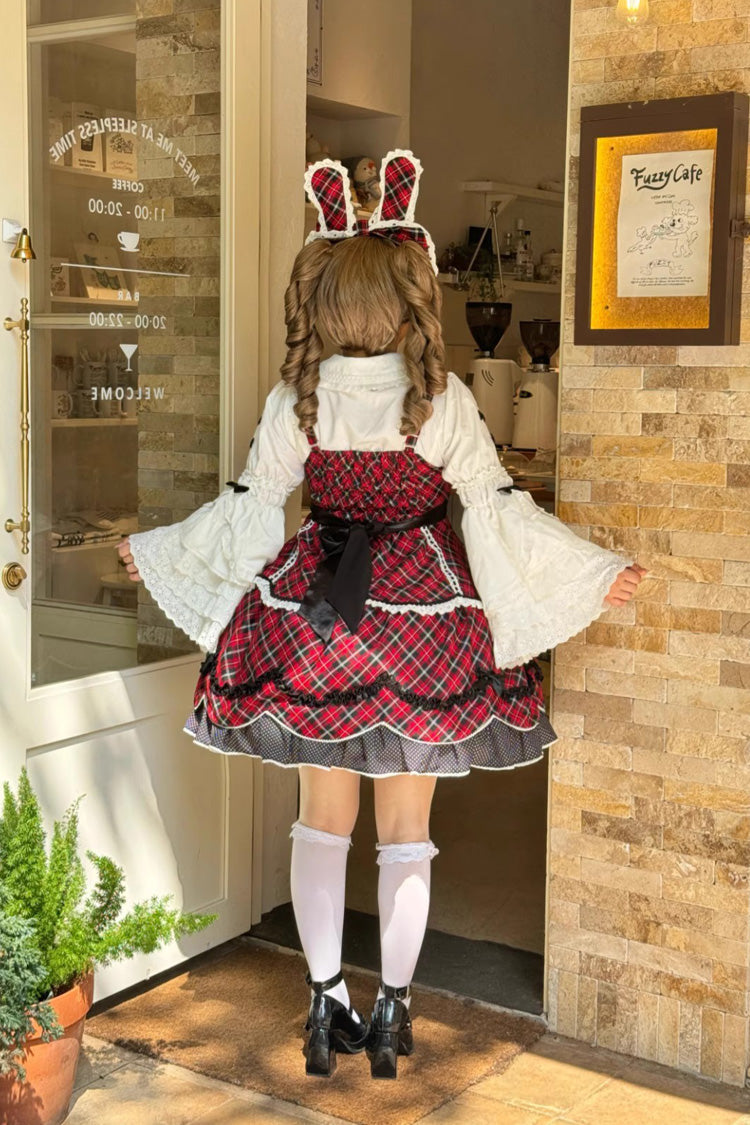 Red Shibuya Sweetheart Sleeveless Plaid Print Ruffle Bowknot Sweet Lolita Jsk Dress (Plus Size Support)
