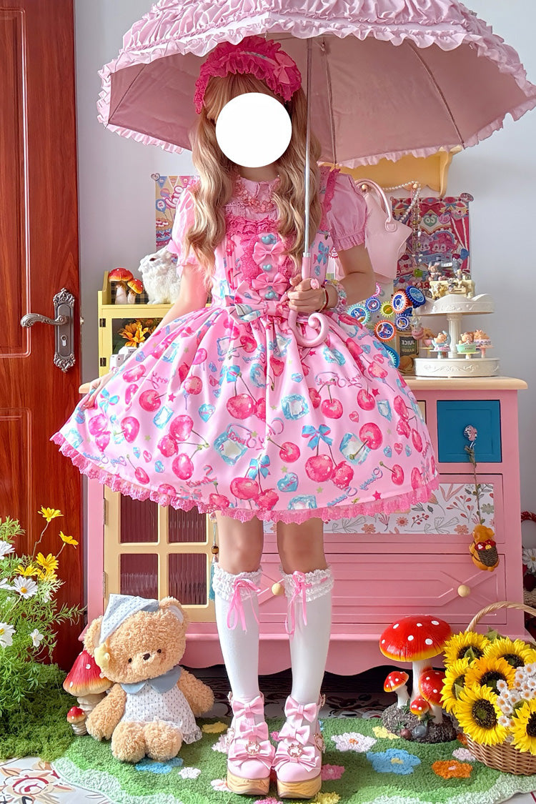 Pink Cherry Sweet Ice Print Ruffle Bowknot Lace Sweet Lolita Jsk Dress