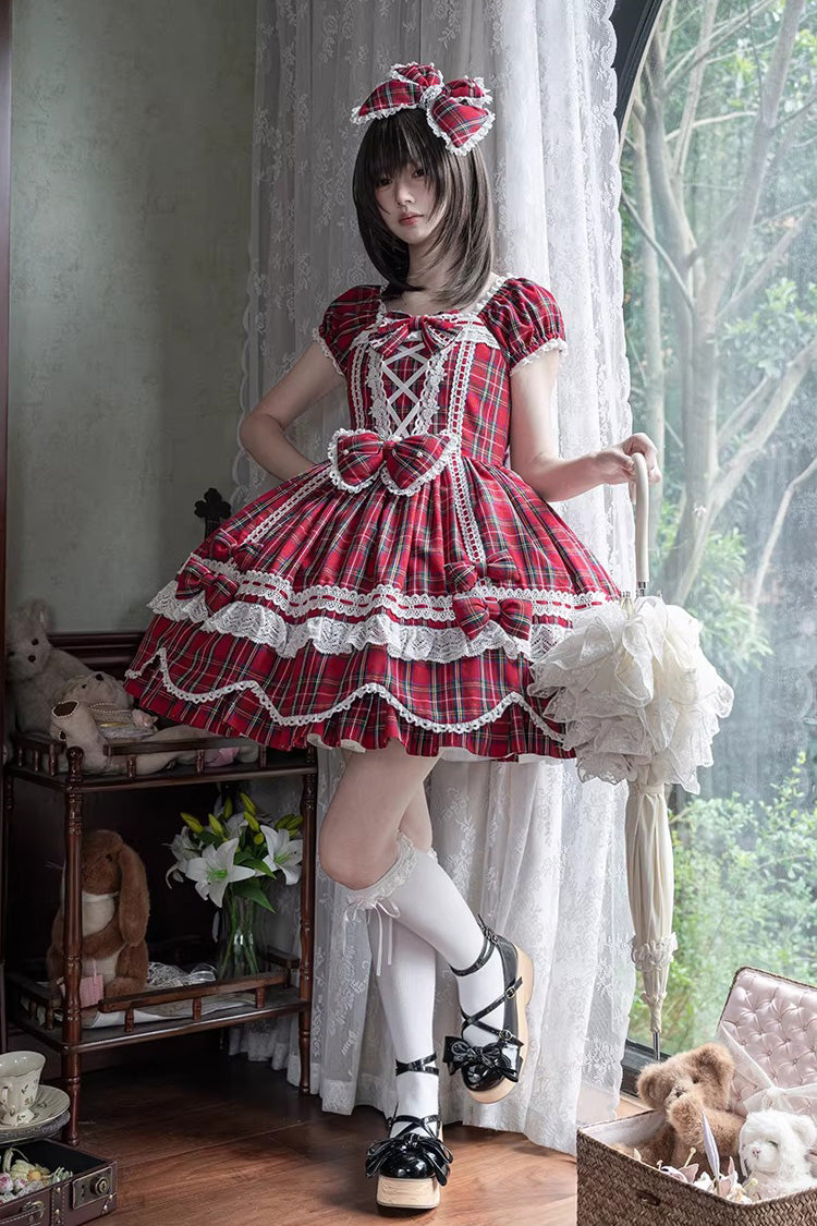Red Gingham Petal Bunny Short Sleeves Printed Ruffled Bow Sweet Lolita OP Dress