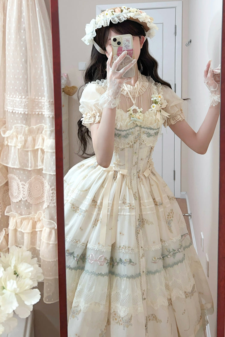 Multi-Color Daisy Poetry Print Ruffle Hollow Embroidery Lace Sweet Elegant Princess Lolita Jsk Dress