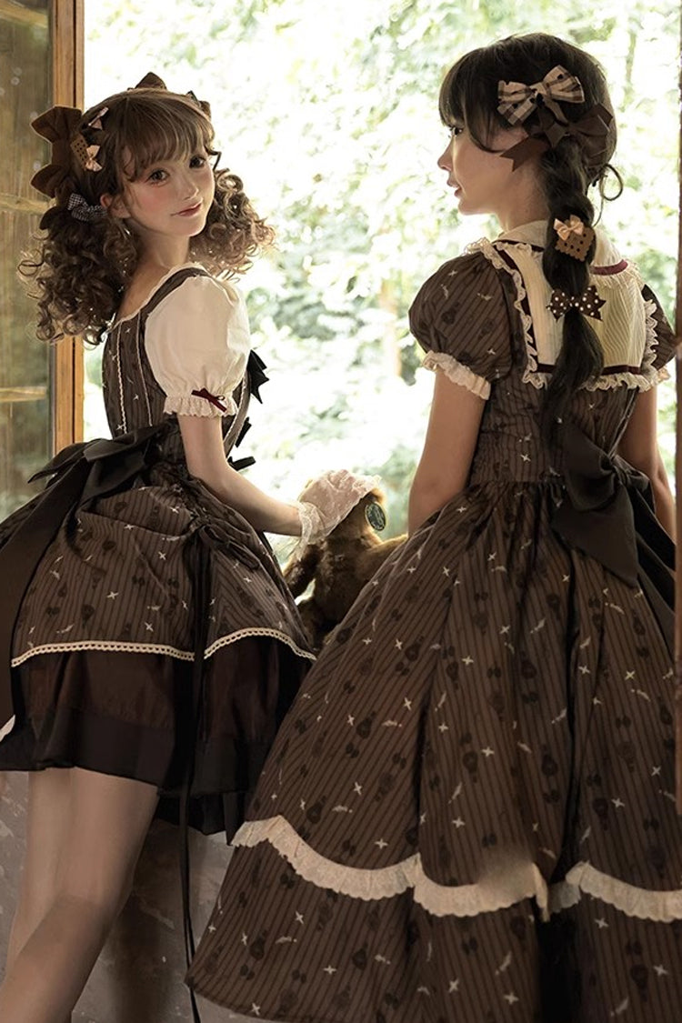 Brown Moro Coco Hot Air Balloon Print Ruffle Bowknot Sweet Elegant Princess Lolita Dress Long Version