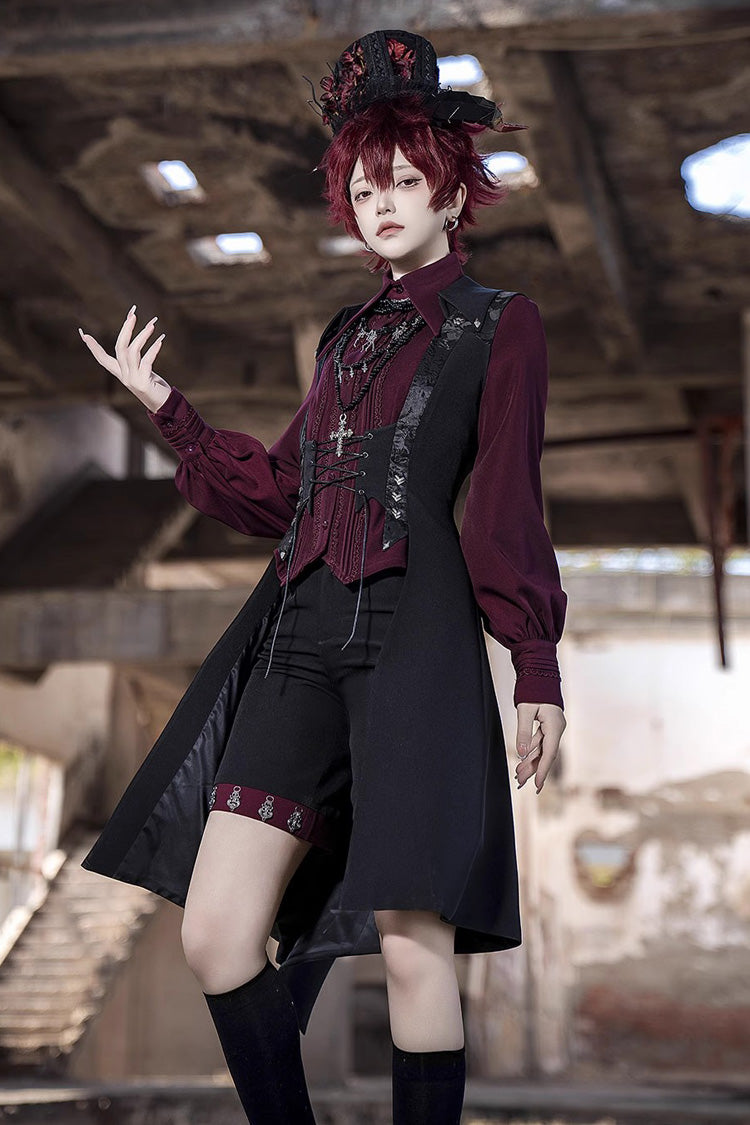Black Lace-Up Slim Gothic Vintage Prince Ouji Lolita Long Vest
