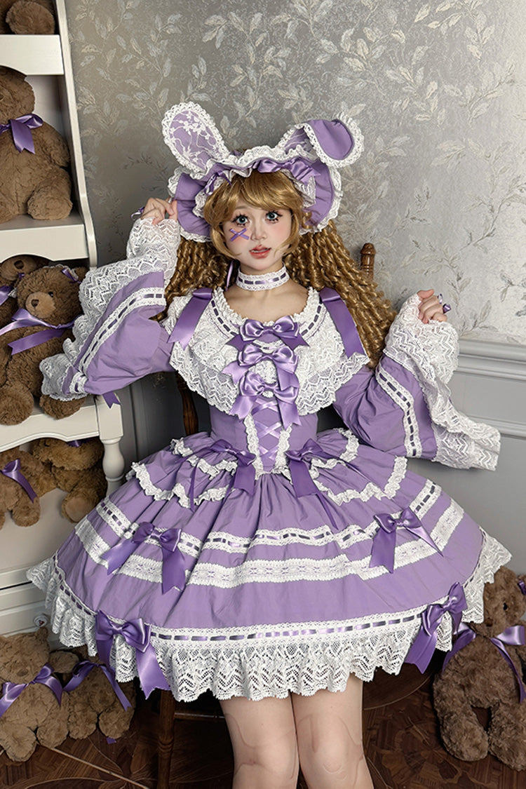 Purple Rabbit Sleeping Doll Long Trumpet Sleeves Ruffle Bowknot Lace Sweet Lolita Dress