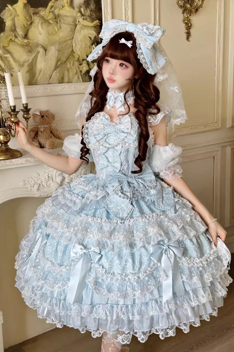 Blue Dream of the Misty Moon Sleeveless Multi-Layered Ruffled Bow Lace Pearl-Decorated Sweet Princess Lolita Jsk Dress