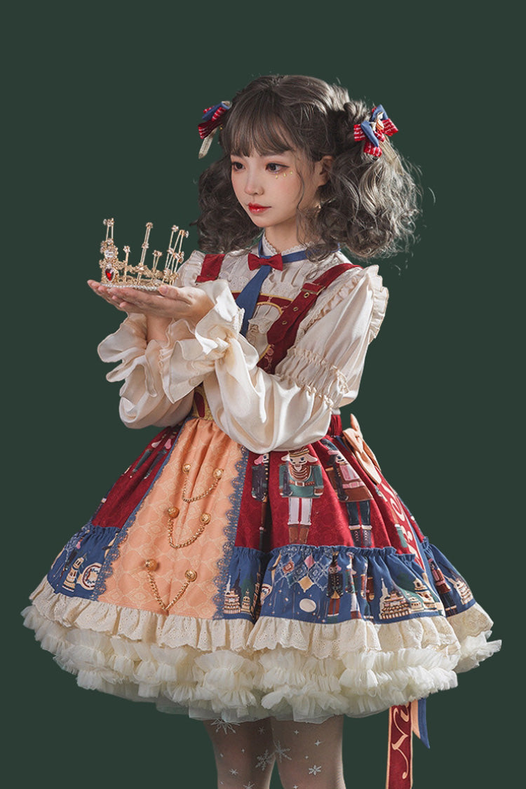Red/Blue Clara Collection Nutcracker Print Ruffle Hemline Sweet Lolita Strap Dress