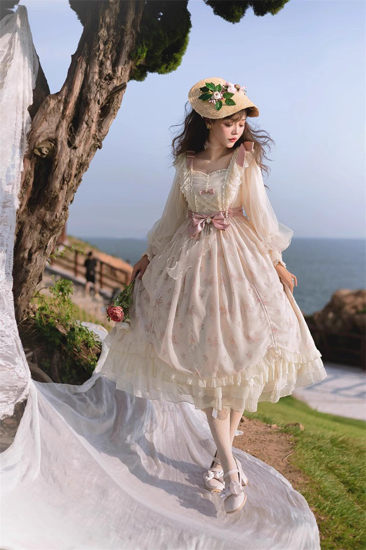 Ivory Time Letter Multi-layer Print Ruffle Bowknot Daily Sweet Elegant Lolita Dress