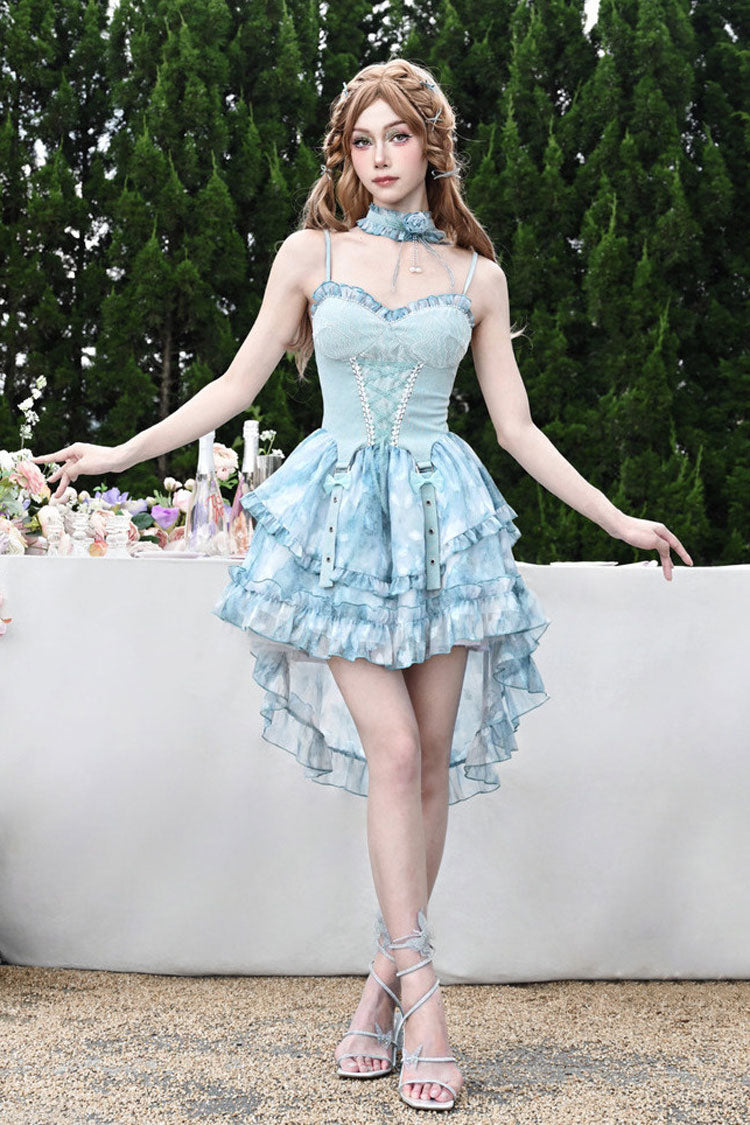 Blue Mirrorless Dream Double-Layered Tie-dyed Print Ruffle Bowknot Lace Train Sweet Lolita Jsk Dress