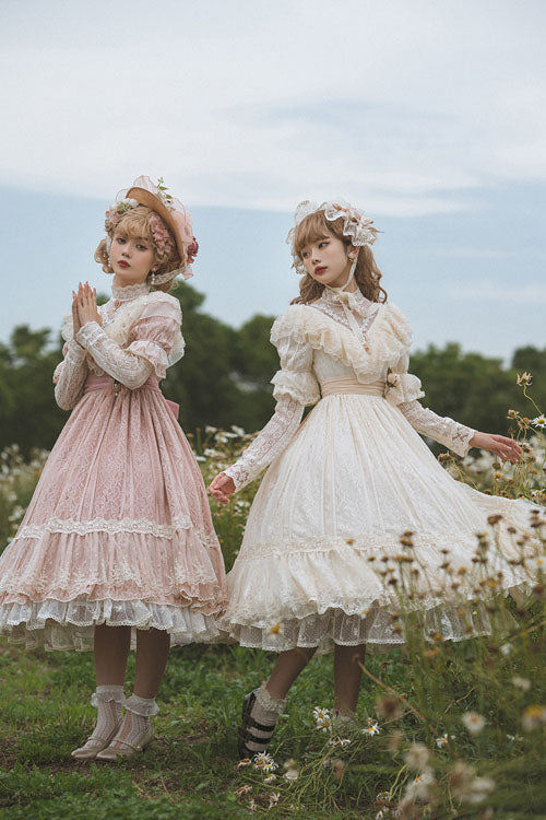 Elegant Vintage Rose Print Multi-Layer Ruffled Sweet Lolita OP Dress