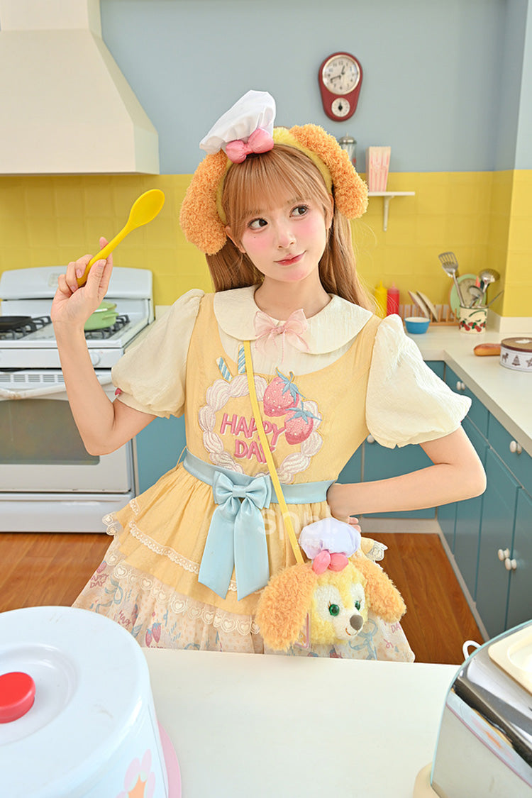 Yellow Happy Day Short Sleeves Triple-Layered Print Bowknot Lace Sweet Princess Lolita Dress