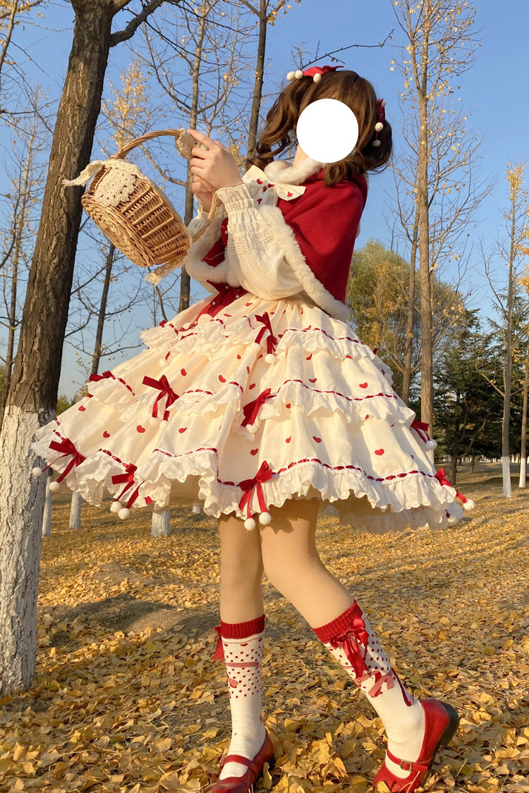 Red/Apricot Triple-Layered Print Ruffle Bowknot Lace Sweet Princess Lolita Dress Cloak Set