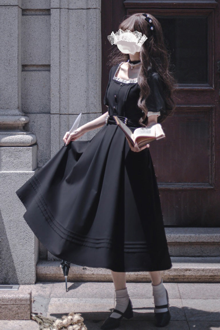 Black Random Thoughts Square Collar Short Sleeves Ruffle Classic Vintage Elegant Lolita Dress