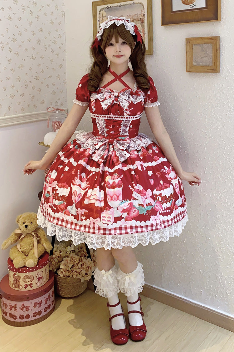 Red Strawberry Parfait Print Short Sleeves Ruffle Bowknot Lace Lace-Up Sweet Lolita Dress