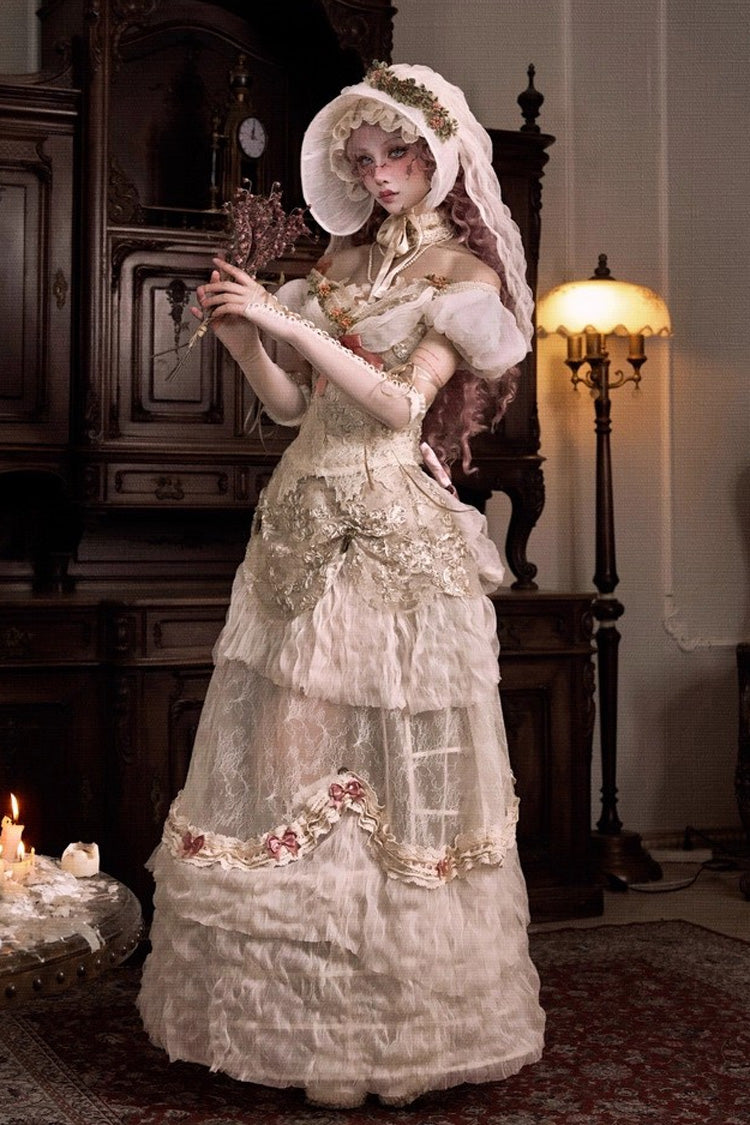 Light Brown Cupid's Poetry Box Boat Neck Short Puff Sleeves Ruffled Cut-Out Embroidered Bow Lace Gothic Elegant Lolita Skirt Dress and Top Set