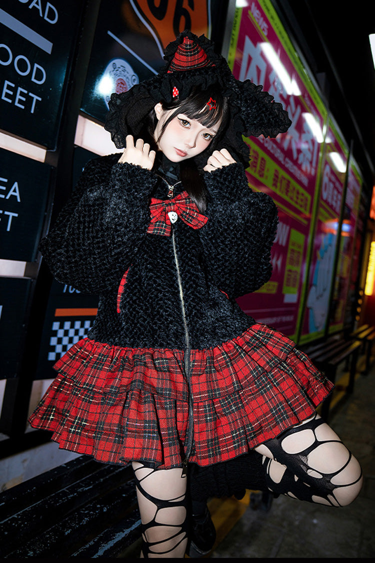 Black/Red Night Cat Plaid Print Ruffle Bowknot Hooded Sweet Lolita Skirt Coat