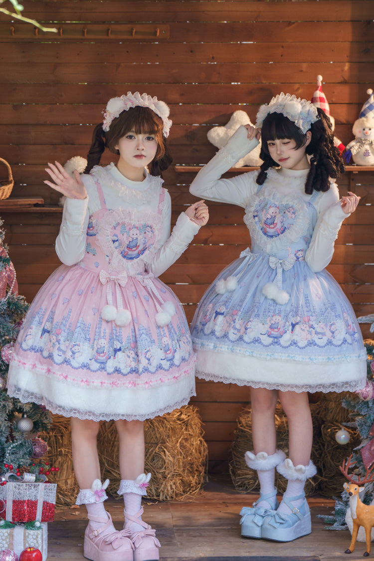 Blue Snowball Wonderland Print Merry Christmas Ruffle Bowknot Lace Sweet Lolita Jsk Dress