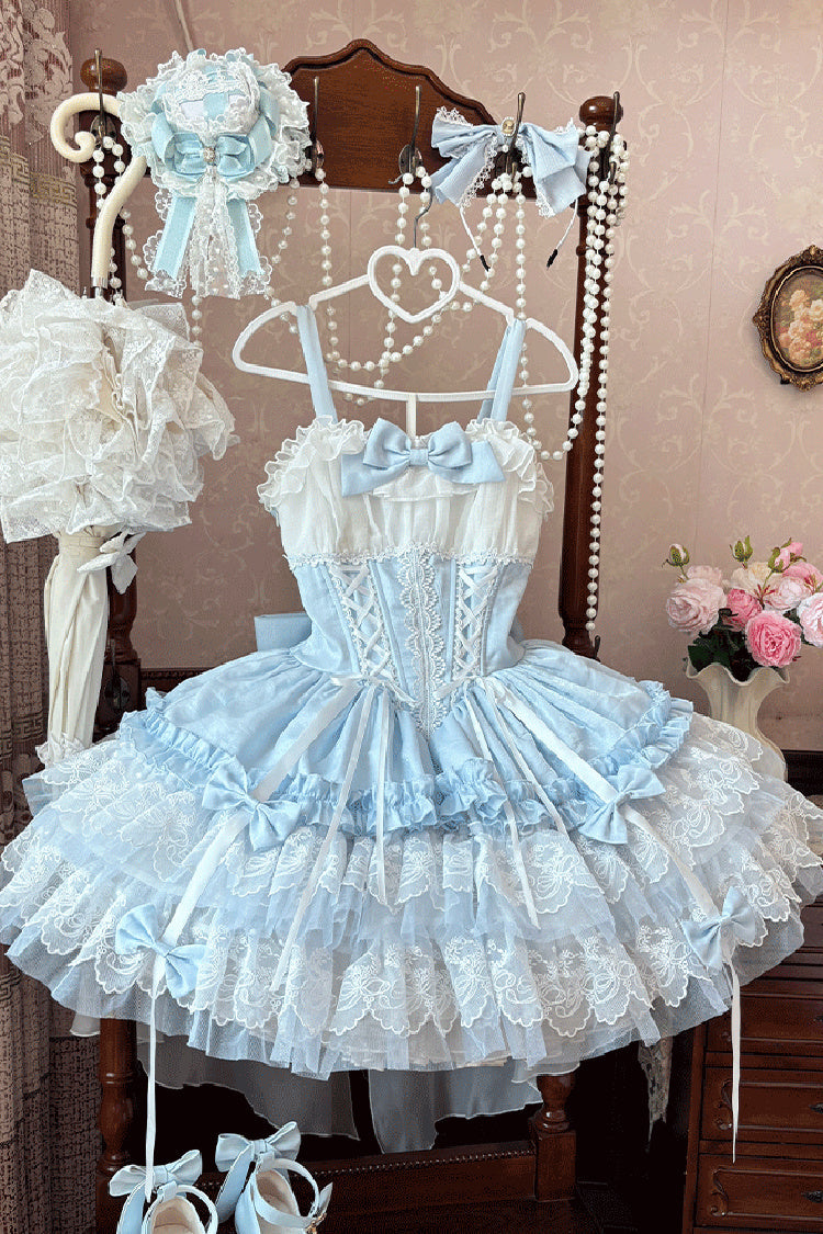 Blue Dance of Time Sleeveless Triple-Layered Ruffle Bowknot Lace Lace-Up Sweet Ballet Lolita Jsk Dress