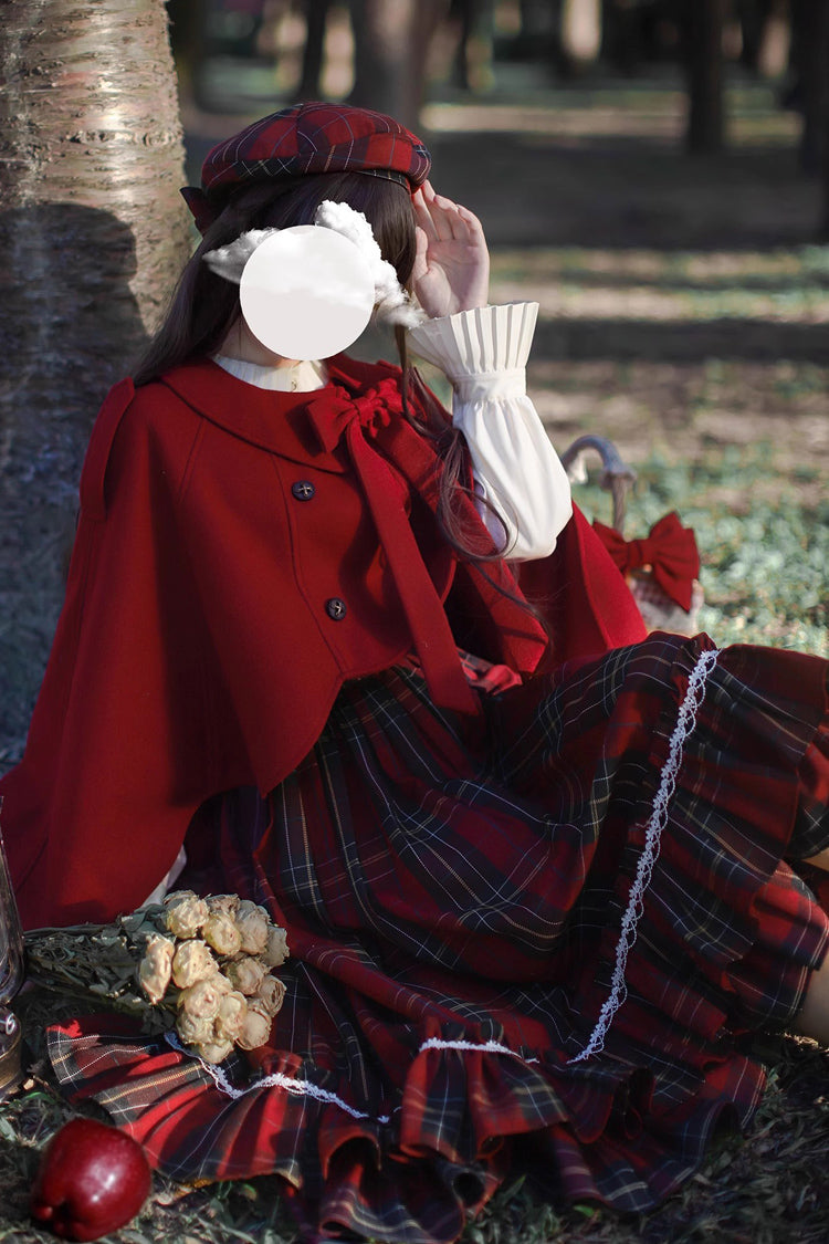Red Little Red Riding Hood Double-Layered Plaid Print Ruffle Bowknot Sweet Vintage Lolita Jumper Dress