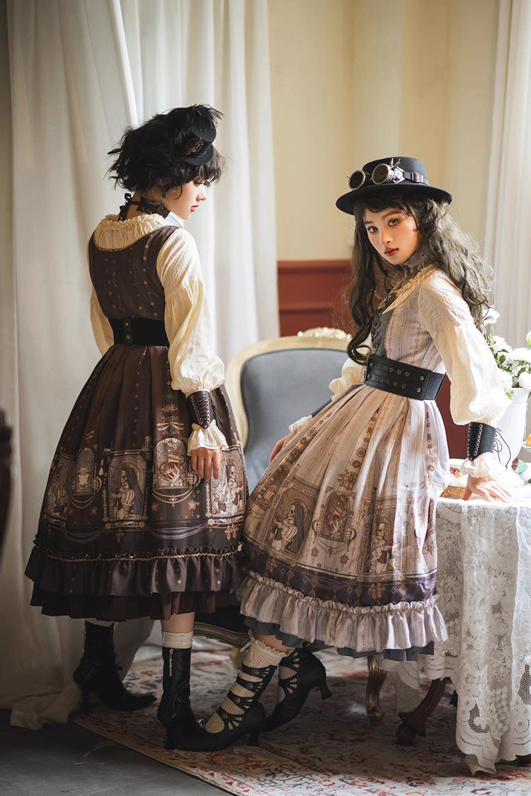 Demon Hunting Notes Long Lantern Sleeves Print Ruffle Sweet Elegant Lolita Dress 2 Colors