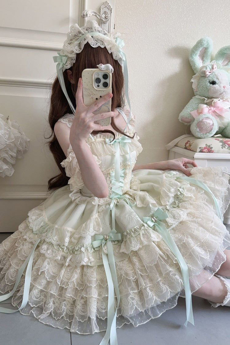 Green Ribbon Heart Love Sleeveless Multi-Layered Ruffle Bowknot Lace Lace-Up Sweet Princess Ballet Lolita Jsk Dress