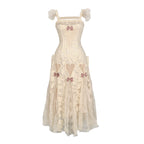Apricot Gothic Lolita Heart Cutout Lace Dress with Pink Bows Apricot Dress