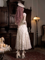 Apricot Gothic Lolita Heart Cutout Lace Dress with Pink Bows Apricot Dress