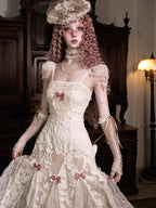 Apricot Gothic Lolita Heart Cutout Lace Dress with Pink Bows Apricot Dress