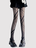 Asymmetrical Striped White Stockings Women's Thin Long Pantyhose Subculture Hot Girl Black Lolita Accessories