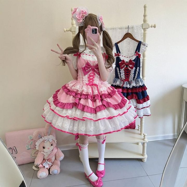 Sweet Lolita Autumn and Winter Cute JSK Short Princess Lolita Lace Dress Puff