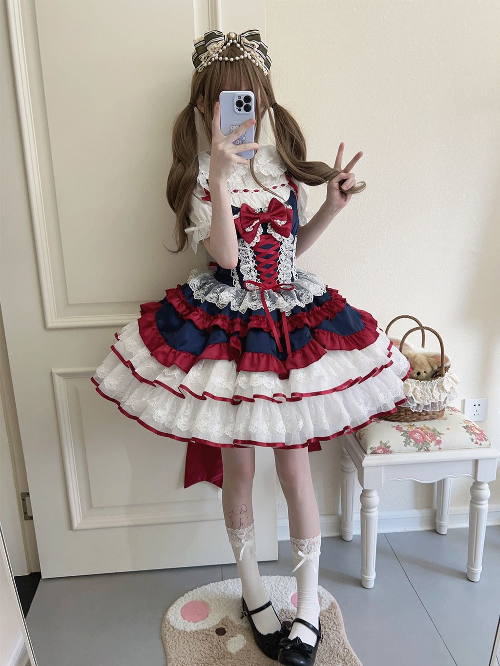 Sweet Lolita Autumn and Winter Cute JSK Short Princess Lolita Lace Dress Puff