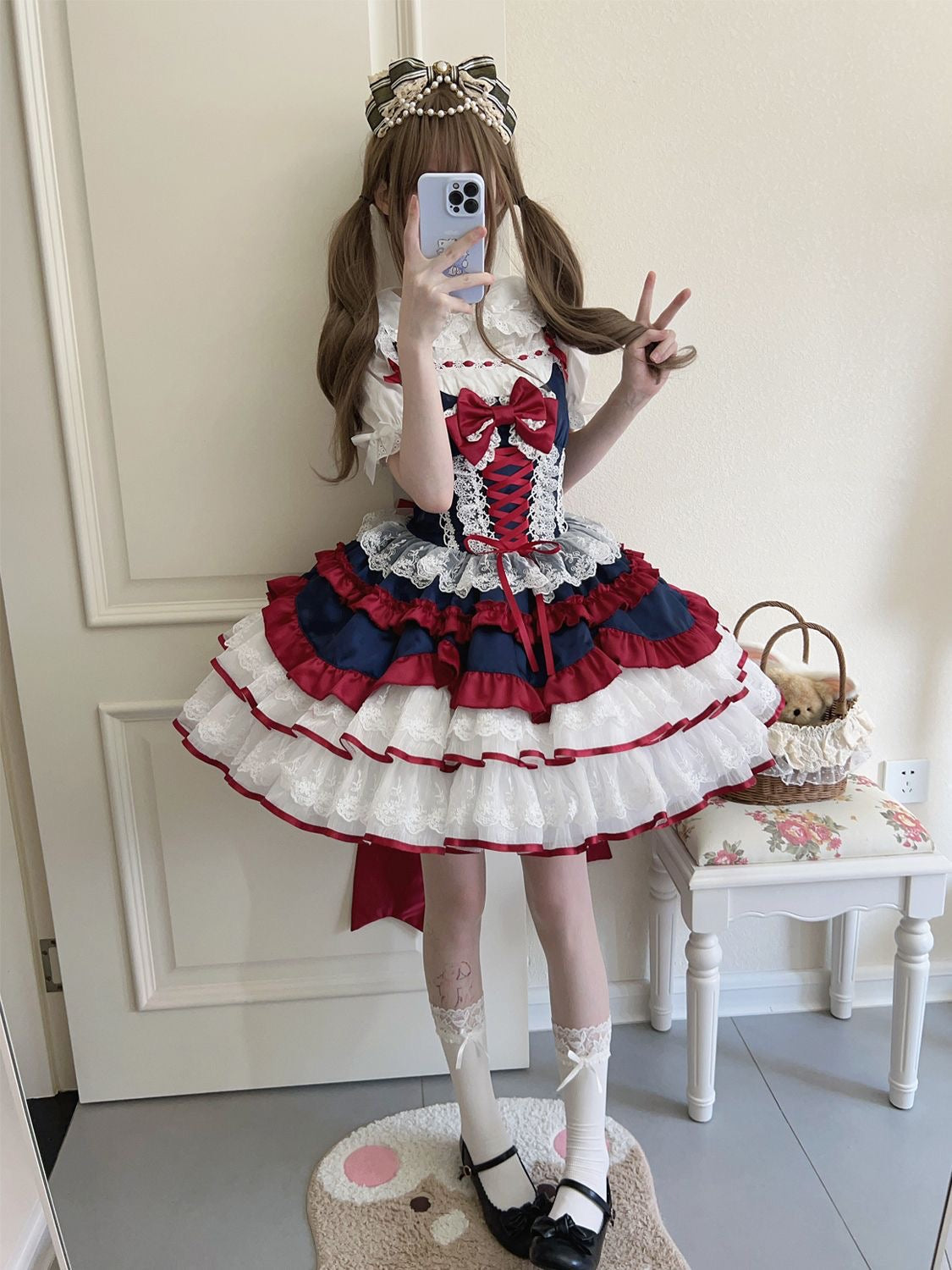 Sweet Lolita Autumn and Winter Cute JSK Short Princess Lolita Lace Dress Puff