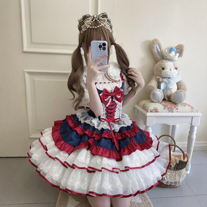 Sweet Lolita Autumn and Winter Cute JSK Short Princess Lolita Lace Dress Puff