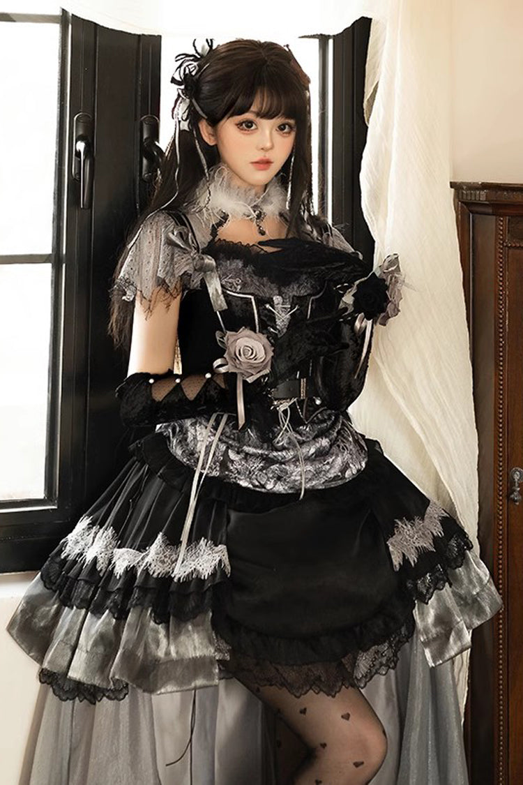 Black Dark Night Rose Short Sleeves Print Ruffle Bowknot Lace Asymmetric Gothic Lolita Dress