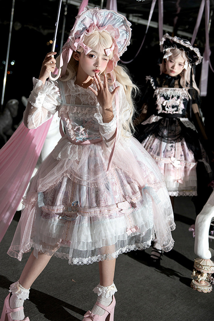 Black/Pink Pegasus Park Multi-Layered Print Ruffle Bowknot Lace Sweet Gorgeous Lolita Jsk Dress